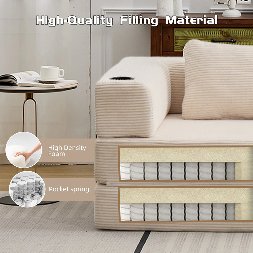 Canapé modulable d'angle avec porte-gobelets, canapé convertible modulable en velours côtelé, canapé relax gain de place sans montage pour salon, dortoir, bureau, jeu vidéo, lecture, canapé d'angle multifonction