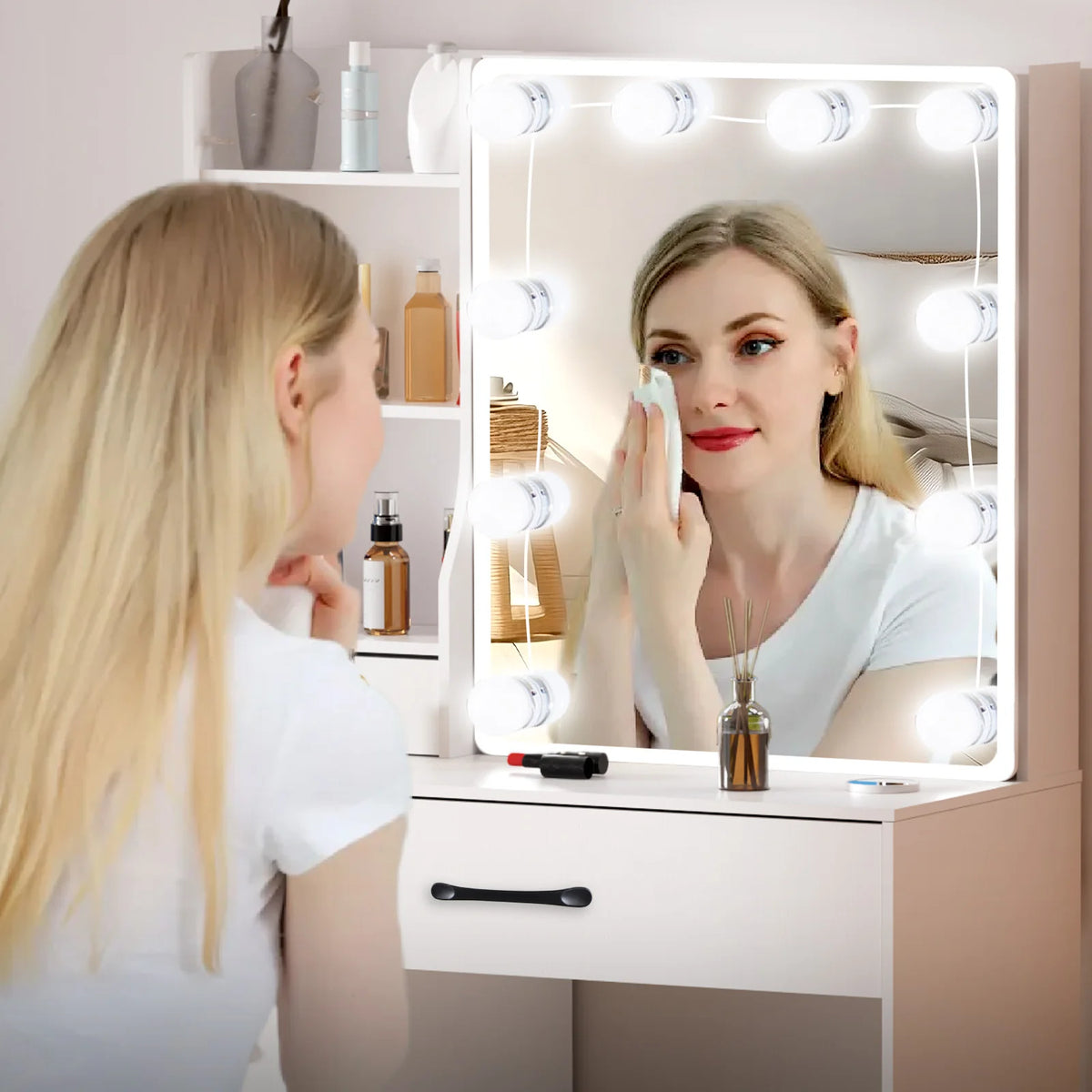 Coiffeuse de maquillage blanche avec 6 tiroirs de rangement et tabouret rembourré - Meuble cosmétique pour chambre à coucher