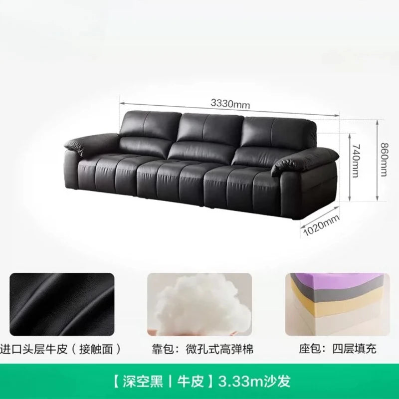 Canapé moderne et simple en cuir de vachette de première couche, canapé droit de luxe léger noir pour le salon et mobilier de