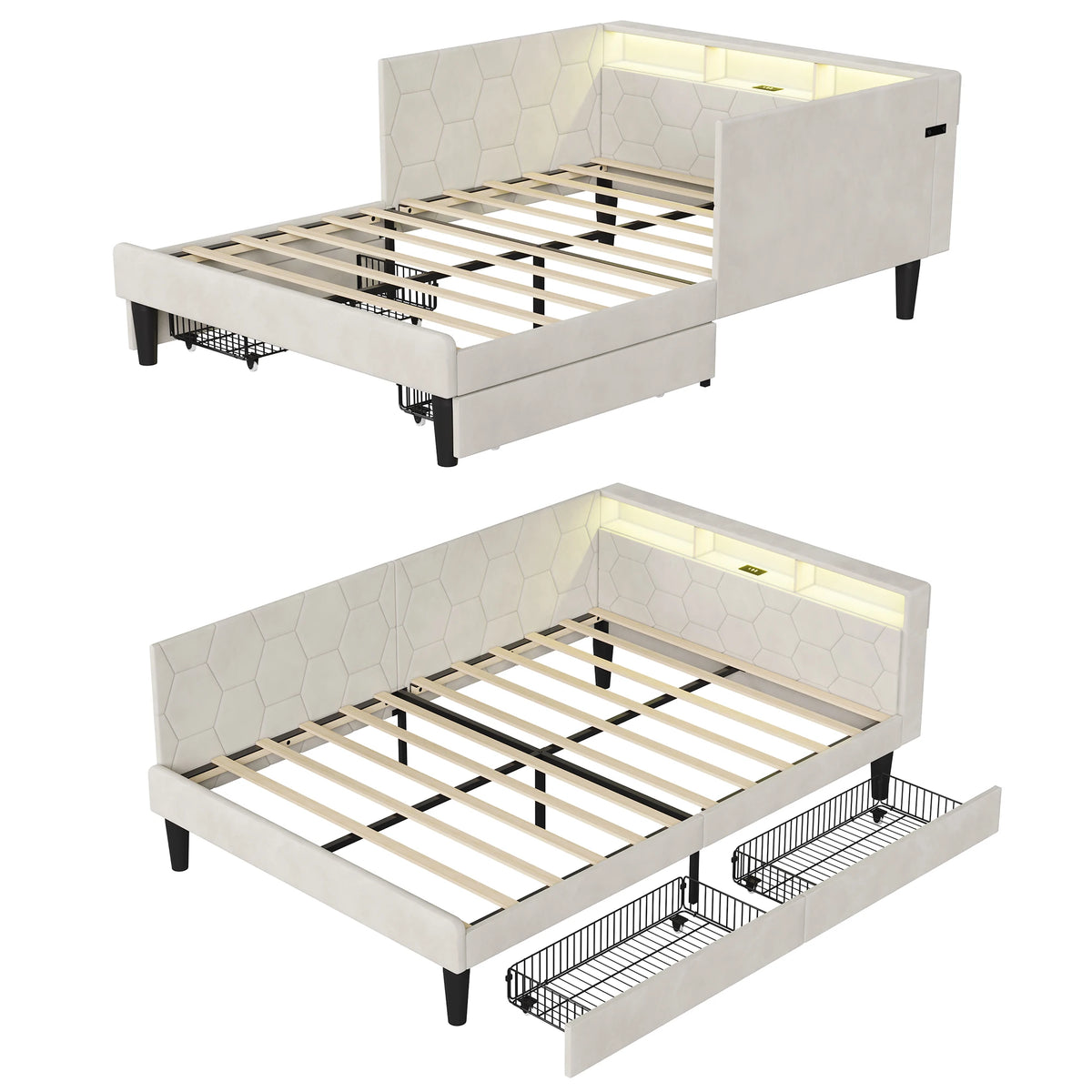 Lit banquette 140x200 cm, cadre de lit d'angle en velours beige