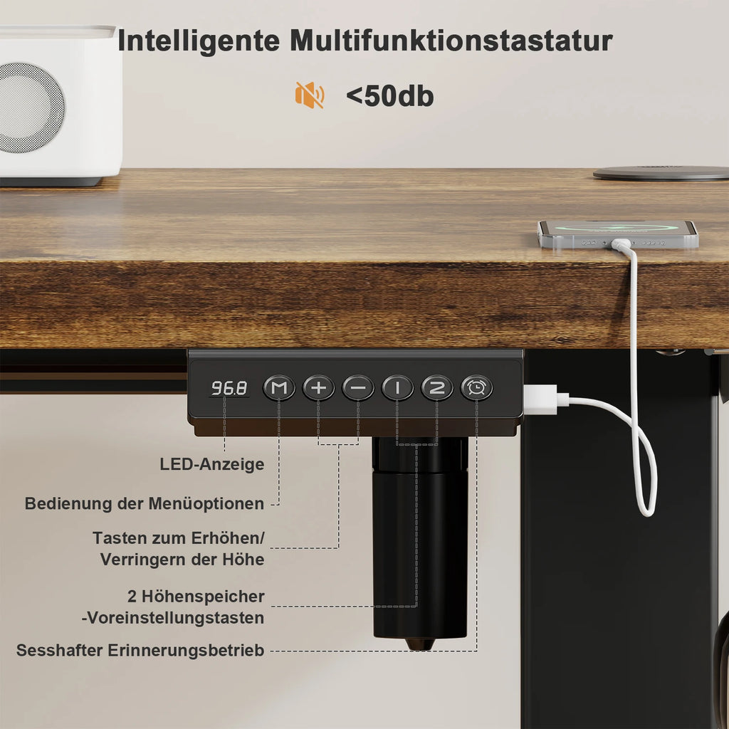 Bureau assis-debout ergonomique 120x60 cm pour ordinateur avec prises USB, table de bureau à domicile