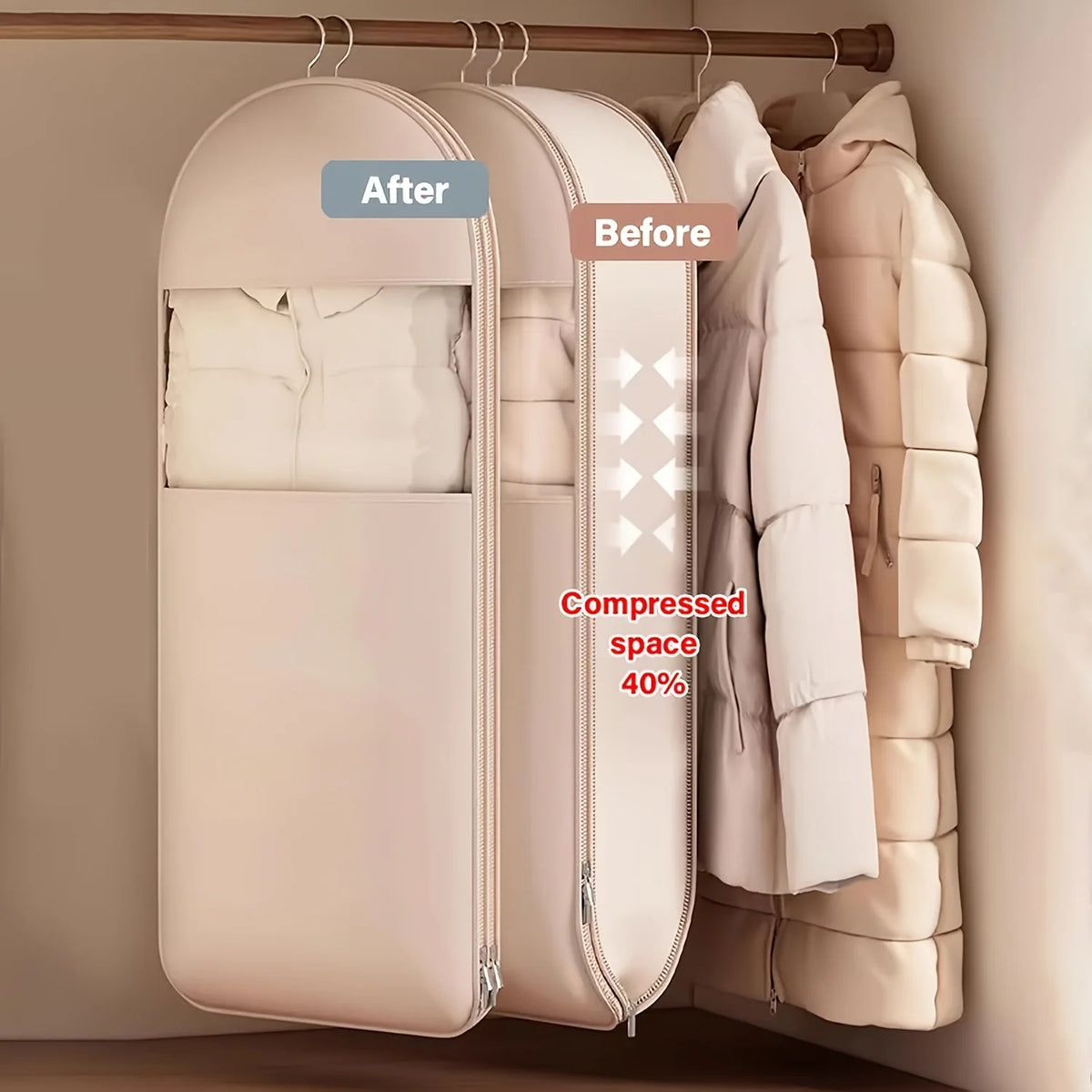 Sac de rangement suspendu à compression beige, sac sous vide offrant 40 % de gain de place, housse transparente avec fermeture éclair durable pour vêtements d'hiver