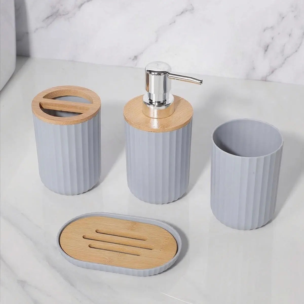 Ensemble d'accessoires de salle de bain 6 pièces, distributeur de savon, porte-savon, brosse de toilette, flacon de lotion, poubelle, tasse pour brosse à dents, ensemble de rangement de salle de bain en plastique