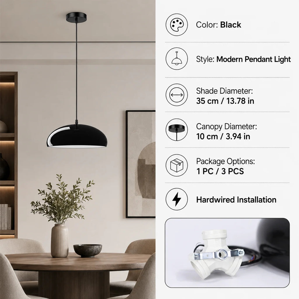 Suspension luminaire JOYINLED en métal noir, disponible en lot de 1 ou 3 pièces, avec abat-jour en forme de dôme. Style moderne du milieu du siècle (Mid-Century Modern), idéale pour une cuisine, un îlot central ou une salle à manger. Modèle de suspension