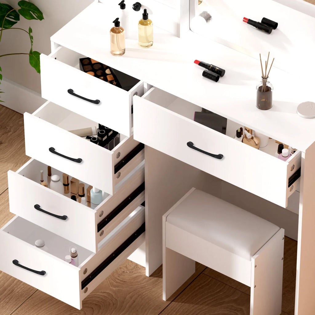 Coiffeuse de maquillage blanche avec 6 tiroirs de rangement et tabouret rembourré - Meuble cosmétique pour chambre à coucher