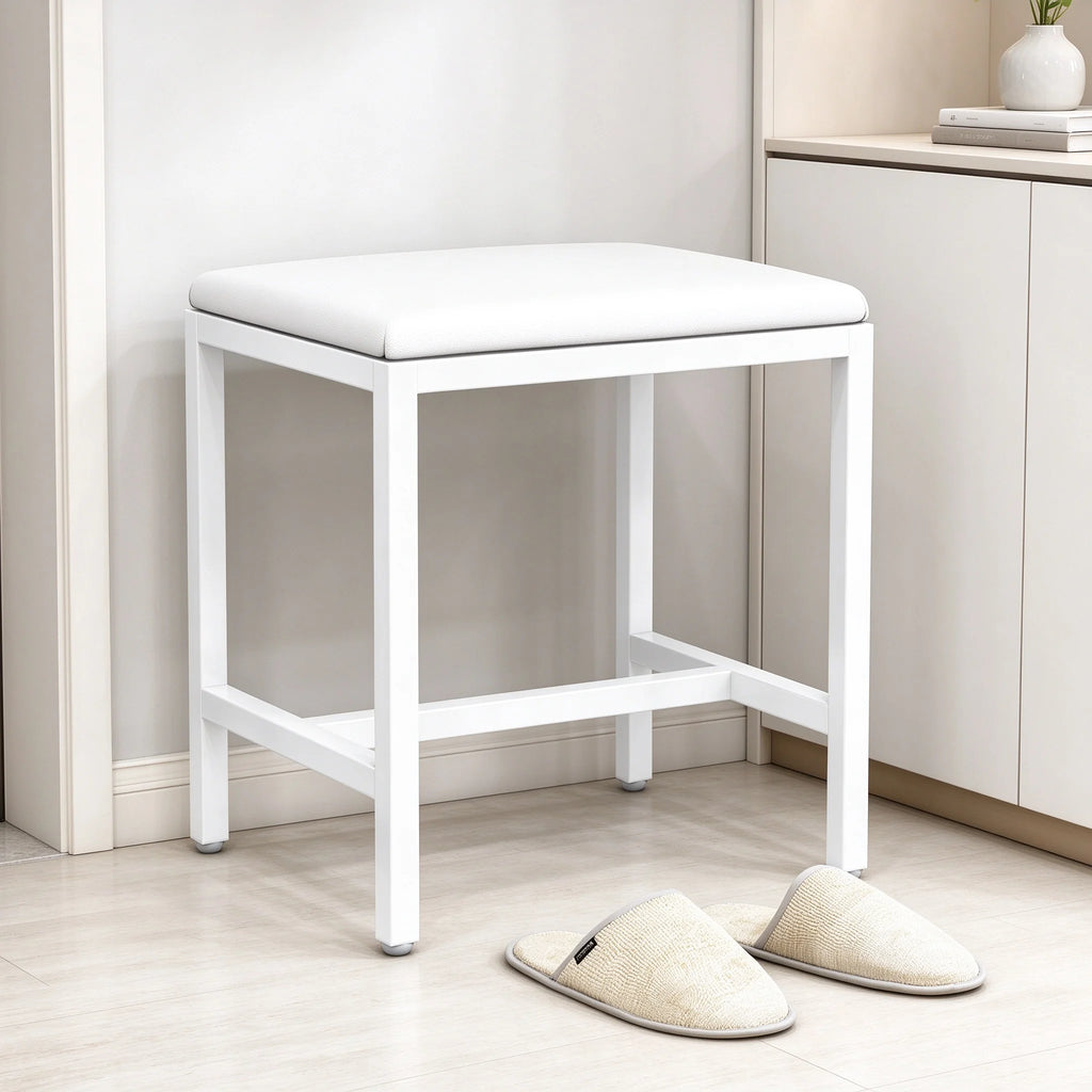 Tabouret de coiffeuse blanc, pouf de maquillage rembourré en similicuir PU avec structure métallique, banc carré pour chambre à coucher, 40 x 30 x 42 cm