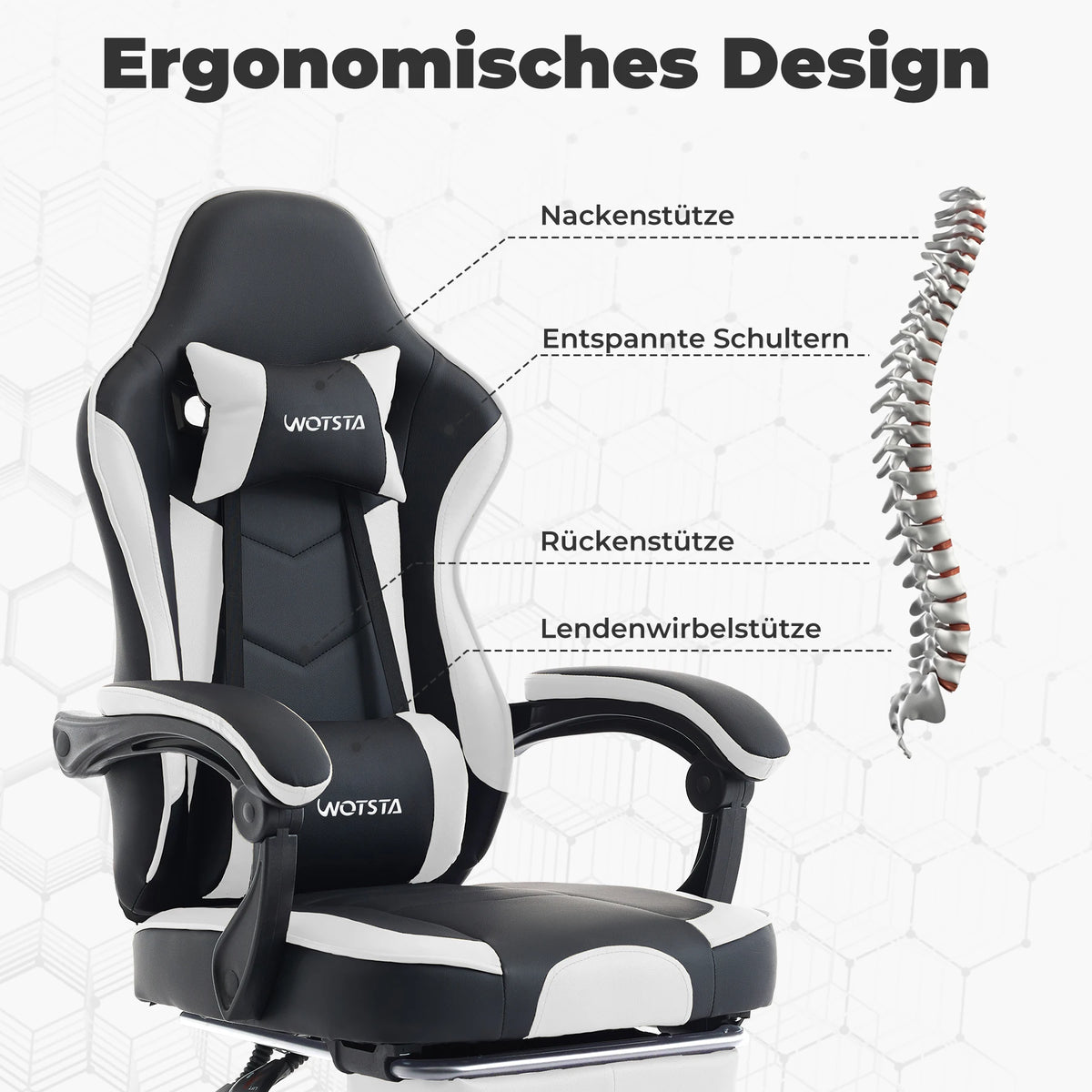 Fauteuil gaming WOTSTA avec repose-pieds, siège ergonomique pour gamer avec coussin lombaire et appui-tête, chaise d'ordinateur réglable en hauteur