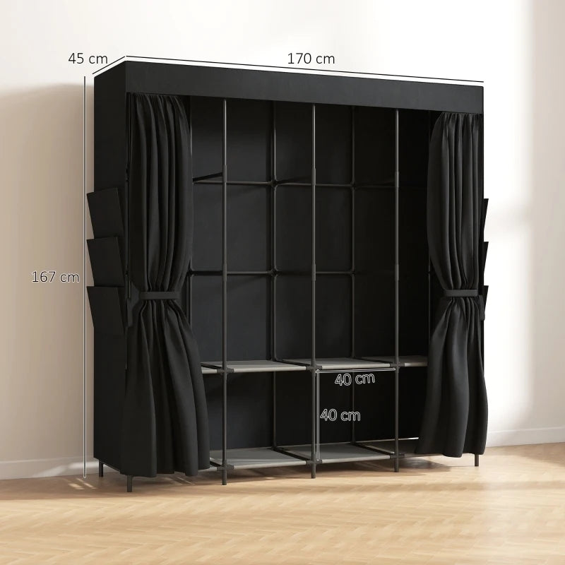 Armoire pliante avec 5 barres de penderie, penderie en tissu antipoussière sur structure en acier, comprend des étagères et des poches latérales pour chaussures et accessoires, montage facile sans outils - Noir