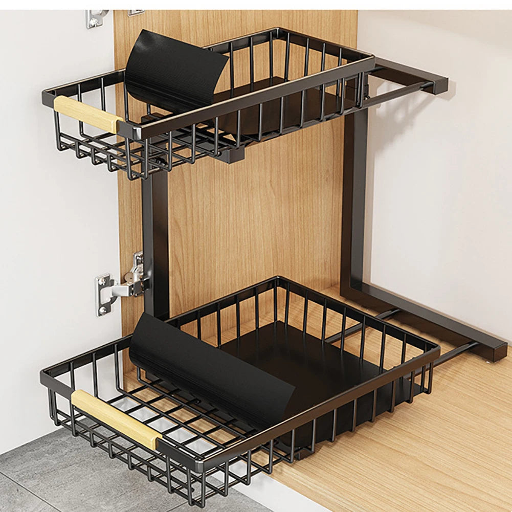 Rangement sous évier, organiseur de placard coulissant à 2 niveaux - Étagère sous évier en acier au carbone, meuble de rangement sous évier pour placard de cuisine et salle de bain