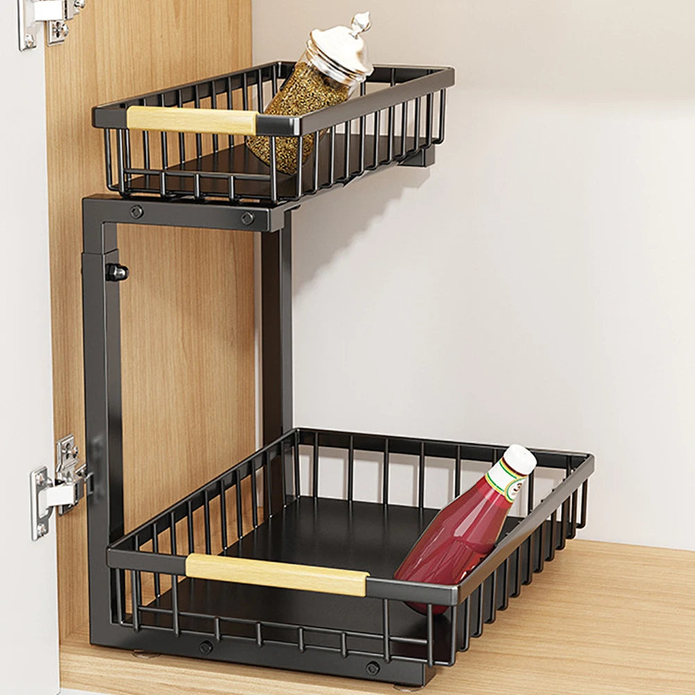 Rangement sous évier, organiseur de placard coulissant à 2 niveaux - Étagère sous évier en acier au carbone, meuble de rangement sous évier pour placard de cuisine et salle de bain