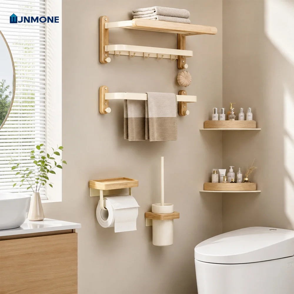 Ensemble d'accessoires de salle de bain en bois de noyer blanc, porte-serviettes, étagère d'organisation, support de brosse de toilette mural