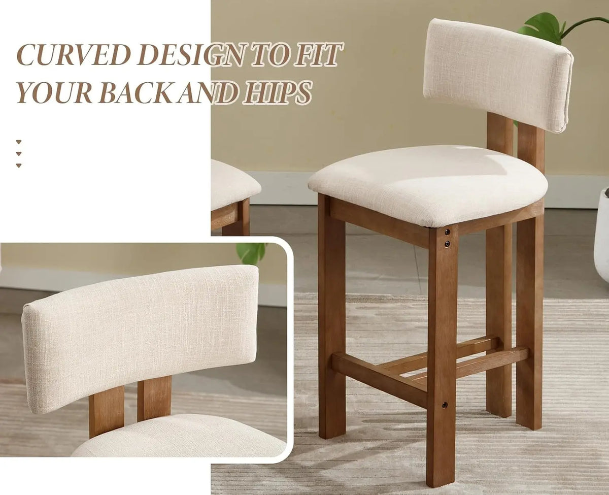 Lot de 2 tabourets de bar en lin avec pieds en bois beige – Style rétro Mid-Century – Assise rembourrée confortable et dossier incurvé sans accoudoirs – Tabourets de comptoir stables en bois pour îlot de cuisine