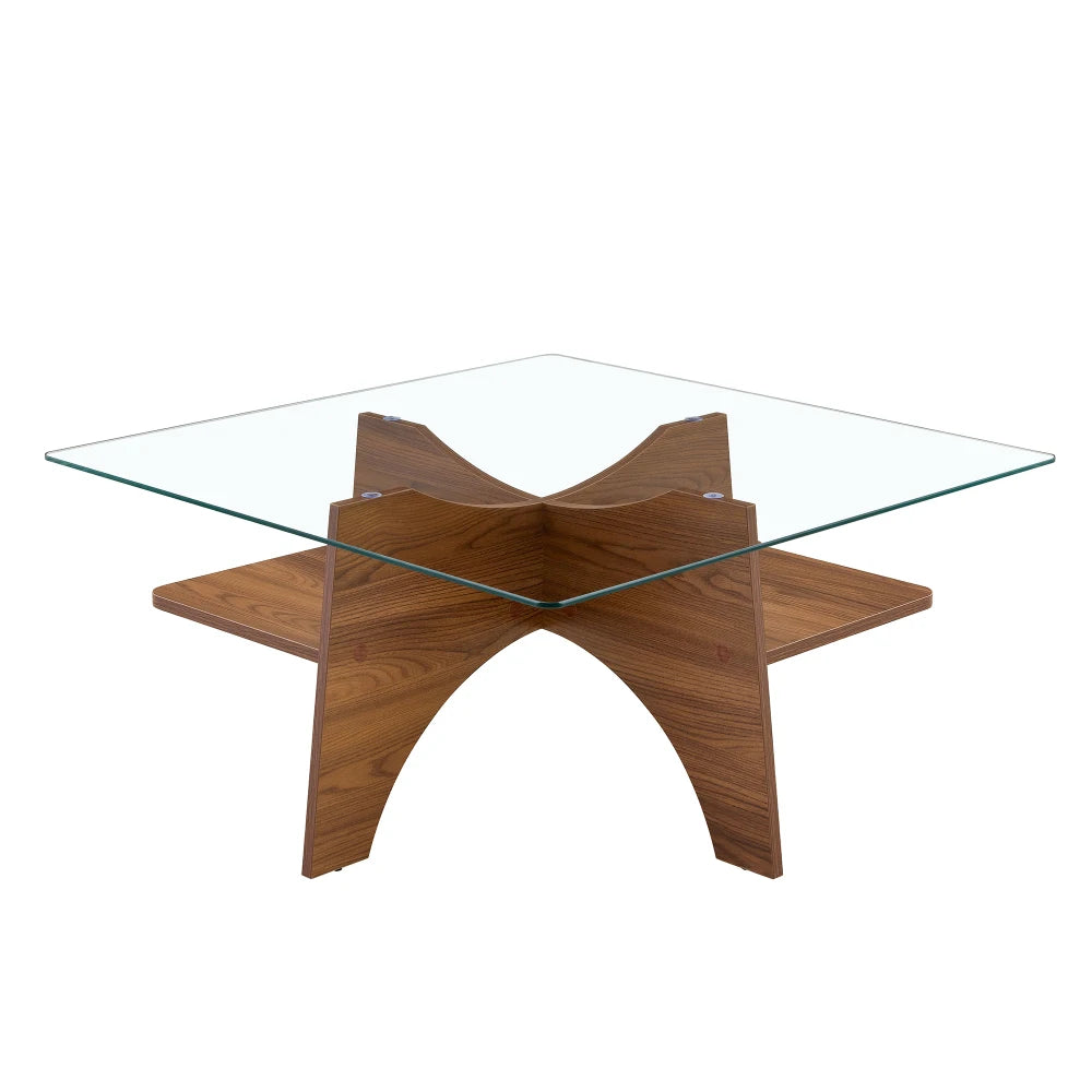 Table d'appoint / table basse carrée moderne en verre de sécurité (80 cm), pieds en MDF aspect bois de noyer, idéale pour le salon