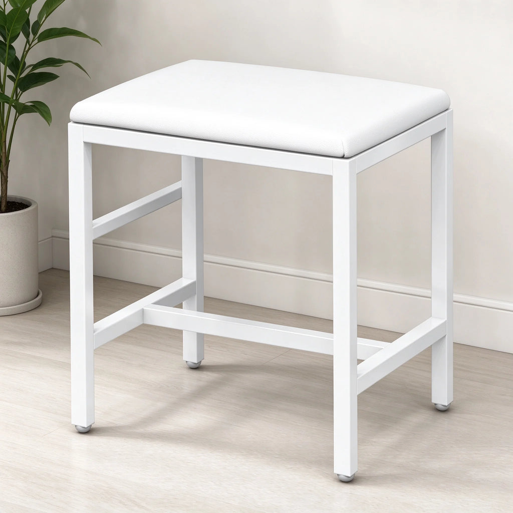 Tabouret de coiffeuse blanc, pouf de maquillage rembourré en similicuir PU avec structure métallique, banc carré pour chambre à coucher, 40 x 30 x 42 cm