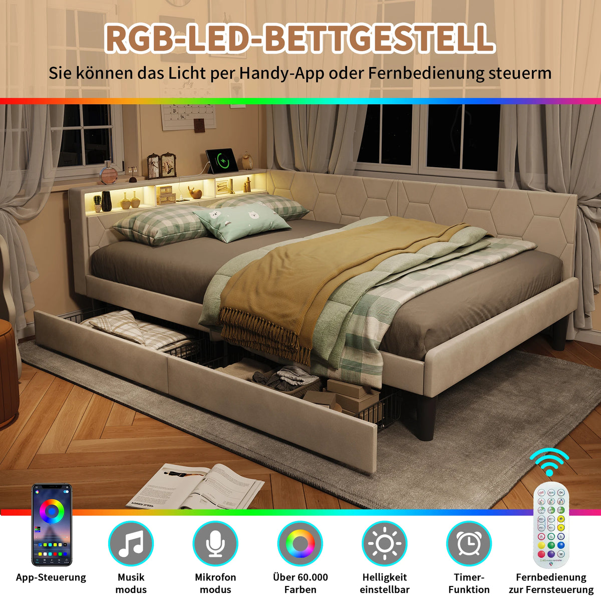 Lit banquette 140x200 cm, cadre de lit d'angle en velours beige