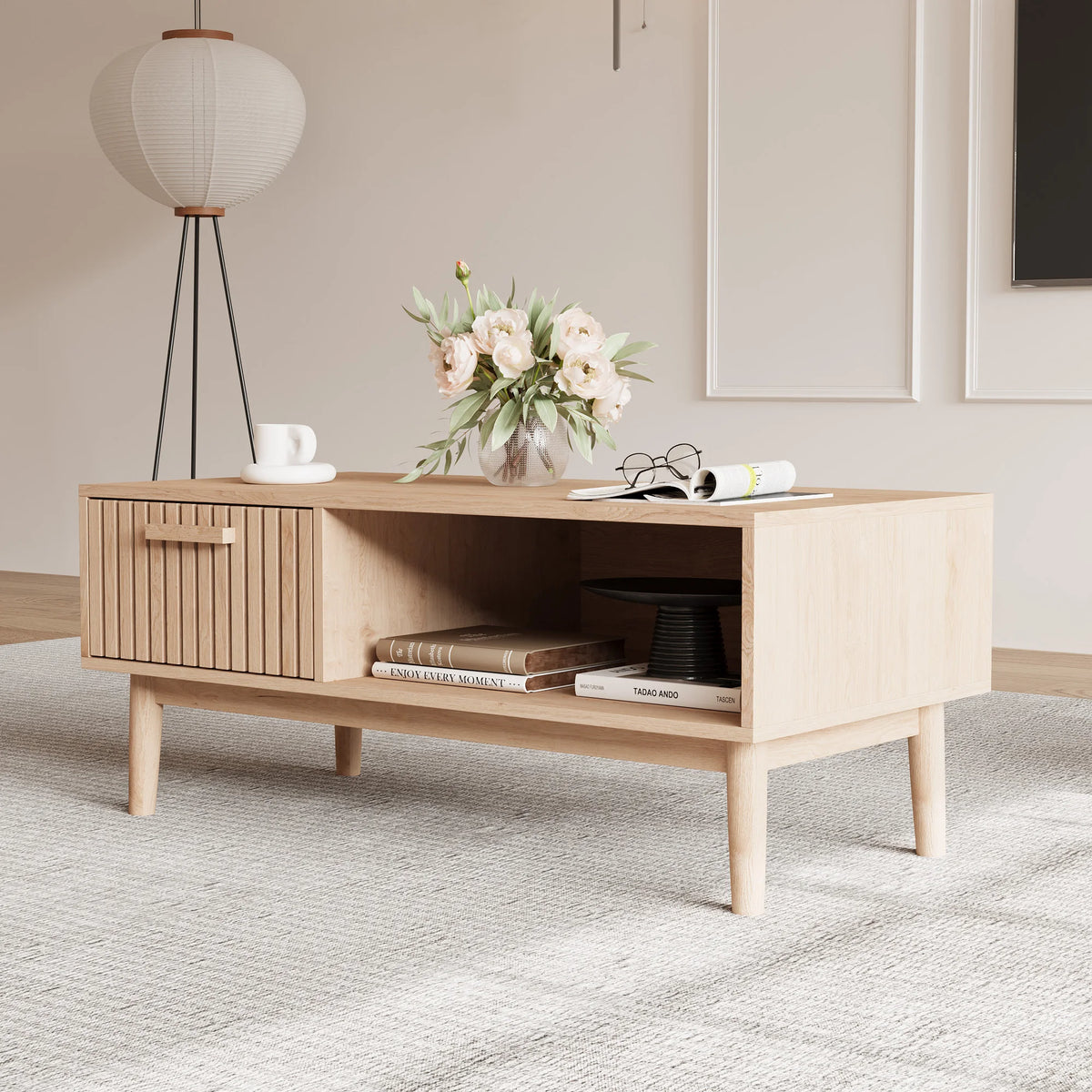 Table basse (100 x 50 x 43 cm) avec 1 tiroir et compartiment de rangement ouvert, table de salon moderne et minimaliste, bois naturel