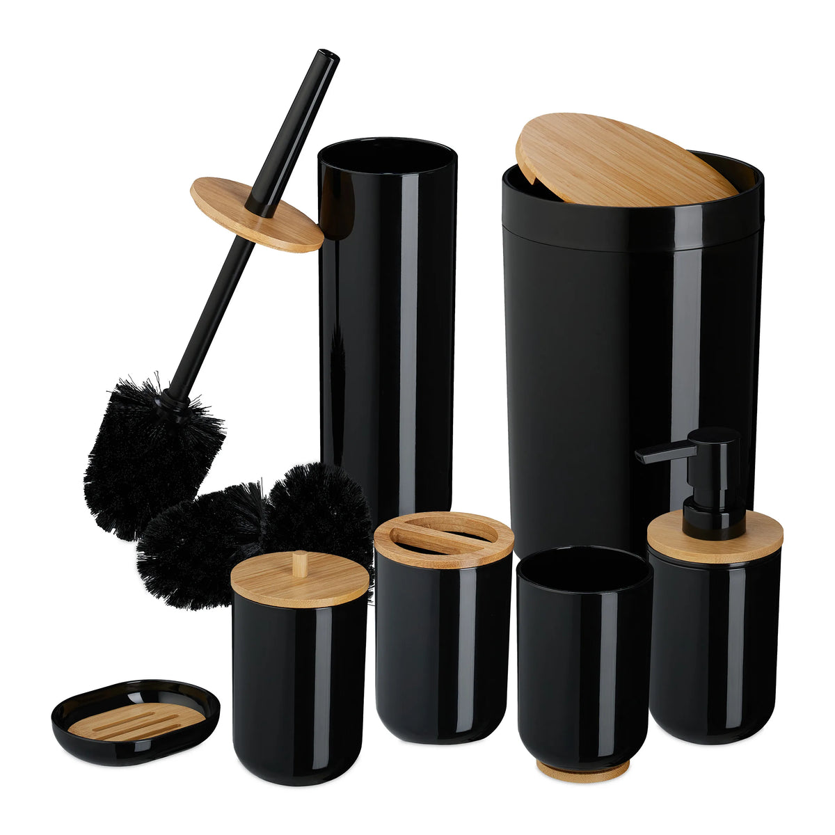 Ensemble d'accessoires de salle de bain 7 pièces, design harmonieux, pour la salle de bain, plastique et bambou, noir, poubelle à cosmétiques 5 L, avec brosse de toilette, Relaxdays