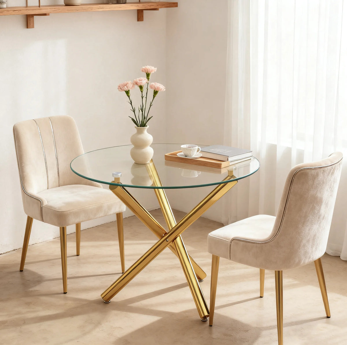 Table à manger ronde avec plateau en verre trempé et pieds en métal doré (80 x 80 x 76 cm)