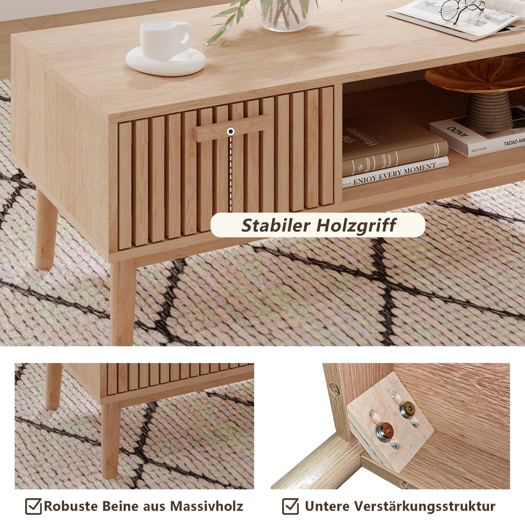 Table basse (100 x 50 x 43 cm) avec 1 tiroir et compartiment de rangement ouvert, table de salon moderne et minimaliste, bois naturel