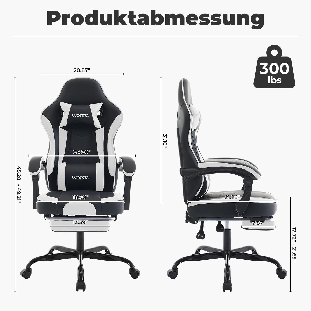 Fauteuil gaming WOTSTA avec repose-pieds, siège ergonomique pour gamer avec coussin lombaire et appui-tête, chaise d'ordinateur réglable en hauteur