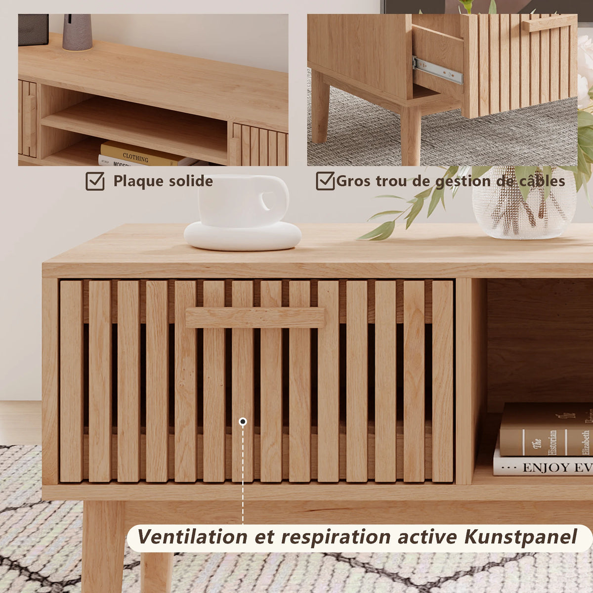 Table basse (100 x 50 x 43 cm) avec 1 tiroir et compartiment de rangement ouvert, table de salon moderne et minimaliste, bois naturel