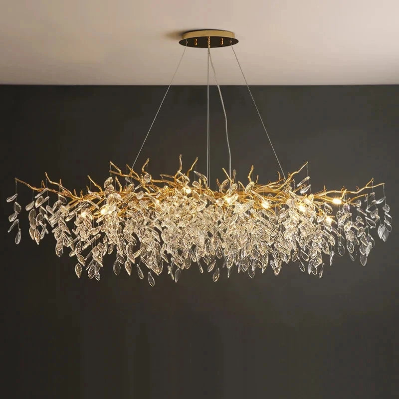 Lustre à LED de luxe en cristal doré - Luminaire suspendu de plafond pour salon, salle à manger, chambre et villa