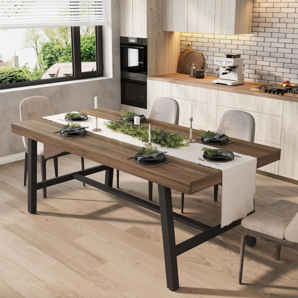 Table haute rectangulaire Garvee 180 cm pour 6 à 8 personnes : table de salle à manger et cuisine de style industriel rustique gris, grande plateforme universelle pour l'extérieur