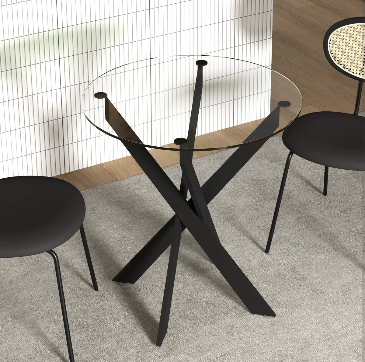 Table à manger ronde pour 4 personnes avec plateau en verre trempé de 8 mm et pieds en acier noir (Ø 70 x 75 cm)