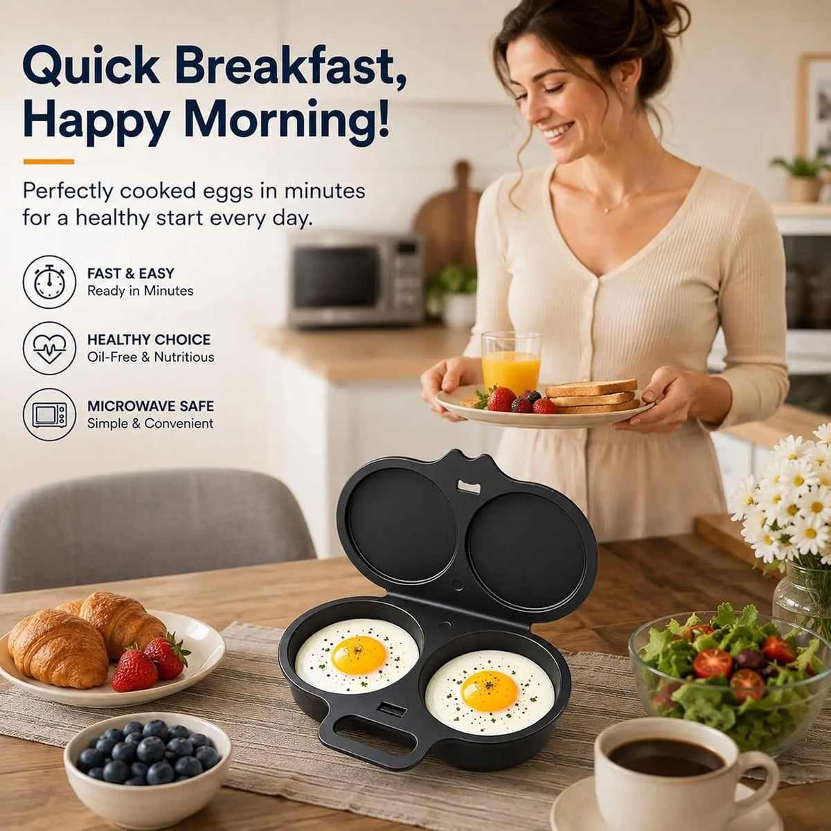 CUISEUR À ŒUFS POUR MICRO-ONDES - POCHOIR À ŒUFS DOUBLE CAVITÉ, CUISEUR À VAPEUR EN MATÉRIAU ALIMENTAIRE ET ANTI-ADHÉSIF, APPAREIL À PETIT-DÉJEUNER SANS HUILE, MOULE DE CUISINE RÉUTILISABLE