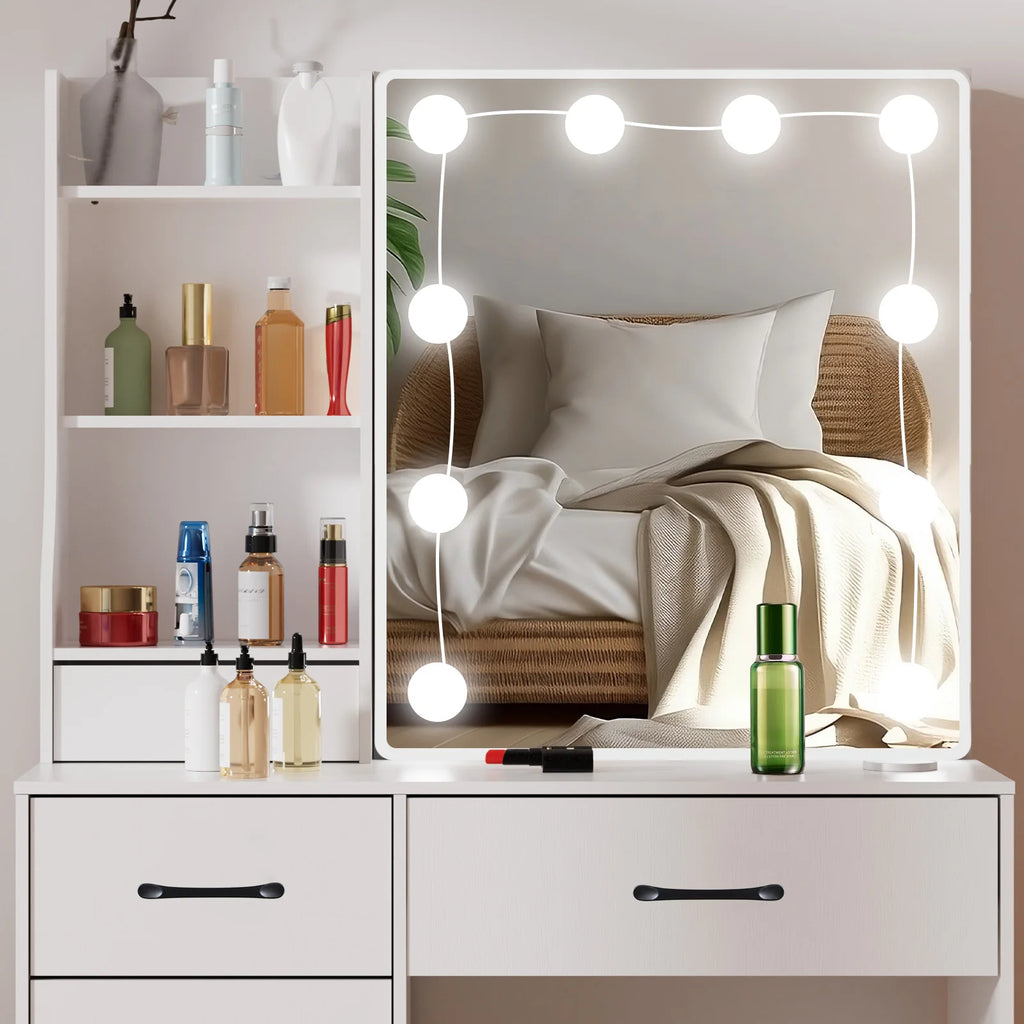 Coiffeuse de maquillage blanche avec 6 tiroirs de rangement et tabouret rembourré - Meuble cosmétique pour chambre à coucher