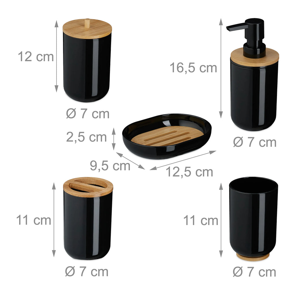 Ensemble d'accessoires de salle de bain 7 pièces, design harmonieux, pour la salle de bain, plastique et bambou, noir, poubelle à cosmétiques 5 L, avec brosse de toilette, Relaxdays