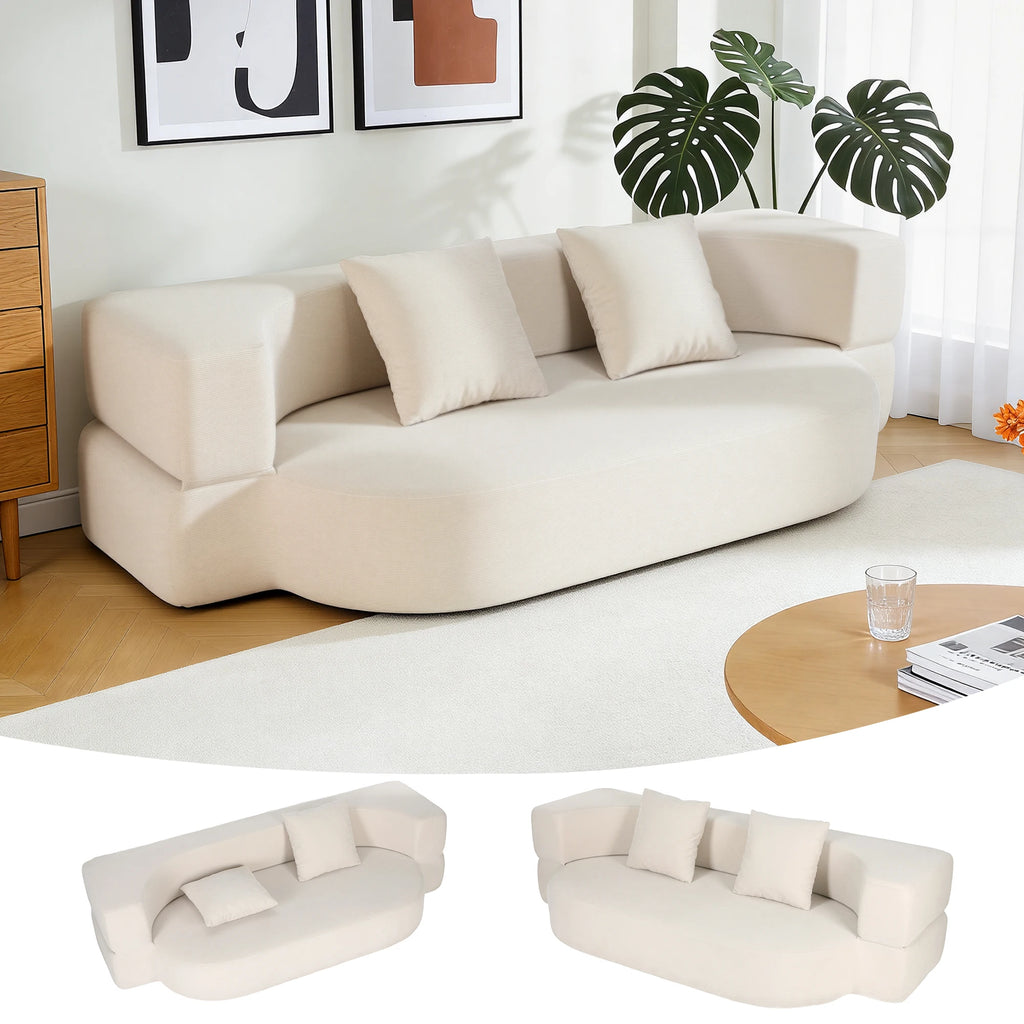 OYAJIA Canapé-Lit Pliable 2 Places Sans Armature - Matelas de Sol Convertible et Chauffeuse Banquette 2-en-1 avec 2 Coussins - Lit d'Appoint Gain de Place pour Salon, Chambre et Studio - Blanc Cassé/Gris