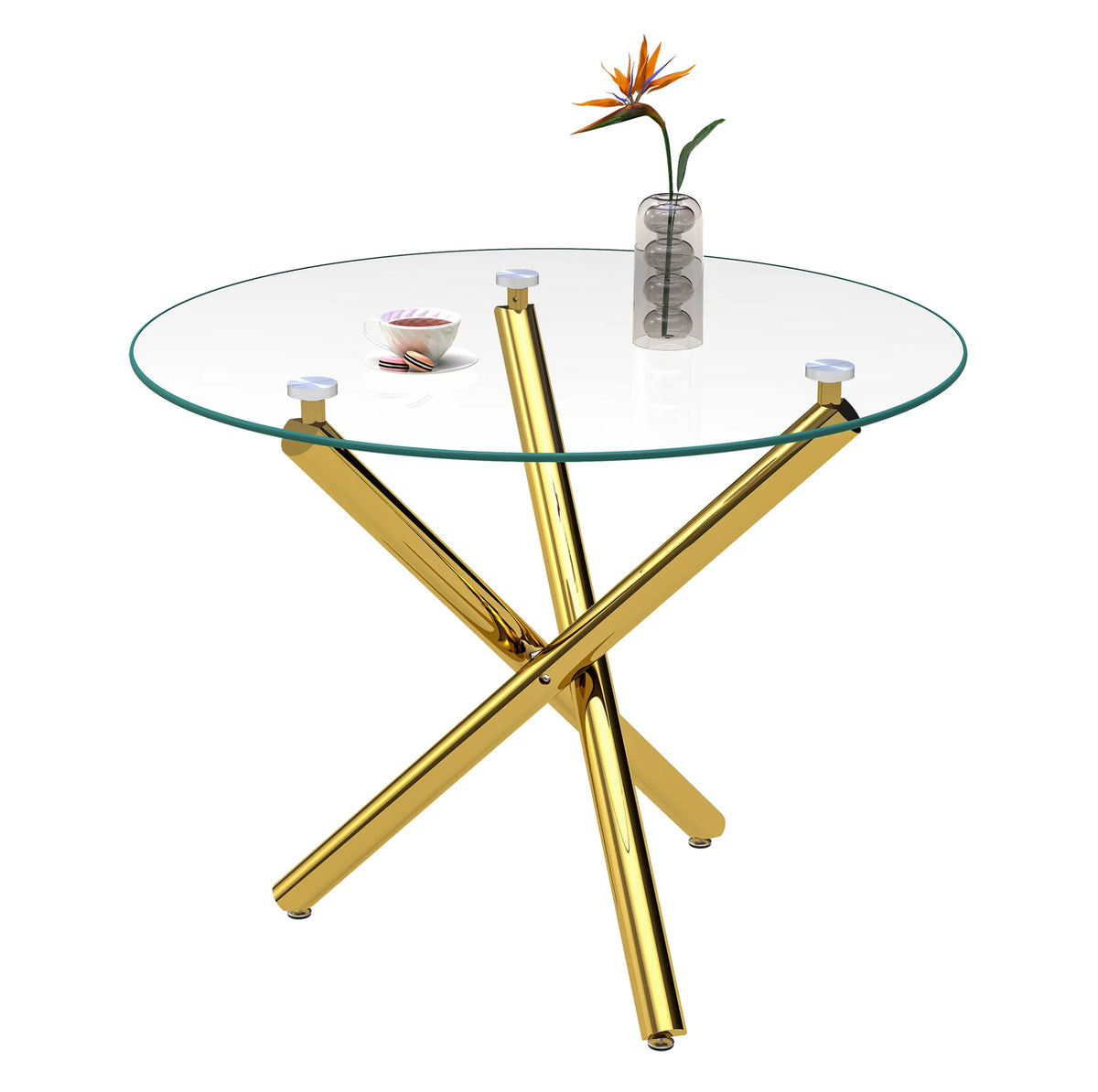 Table à manger ronde avec plateau en verre trempé et pieds en métal doré (80 x 80 x 76 cm)