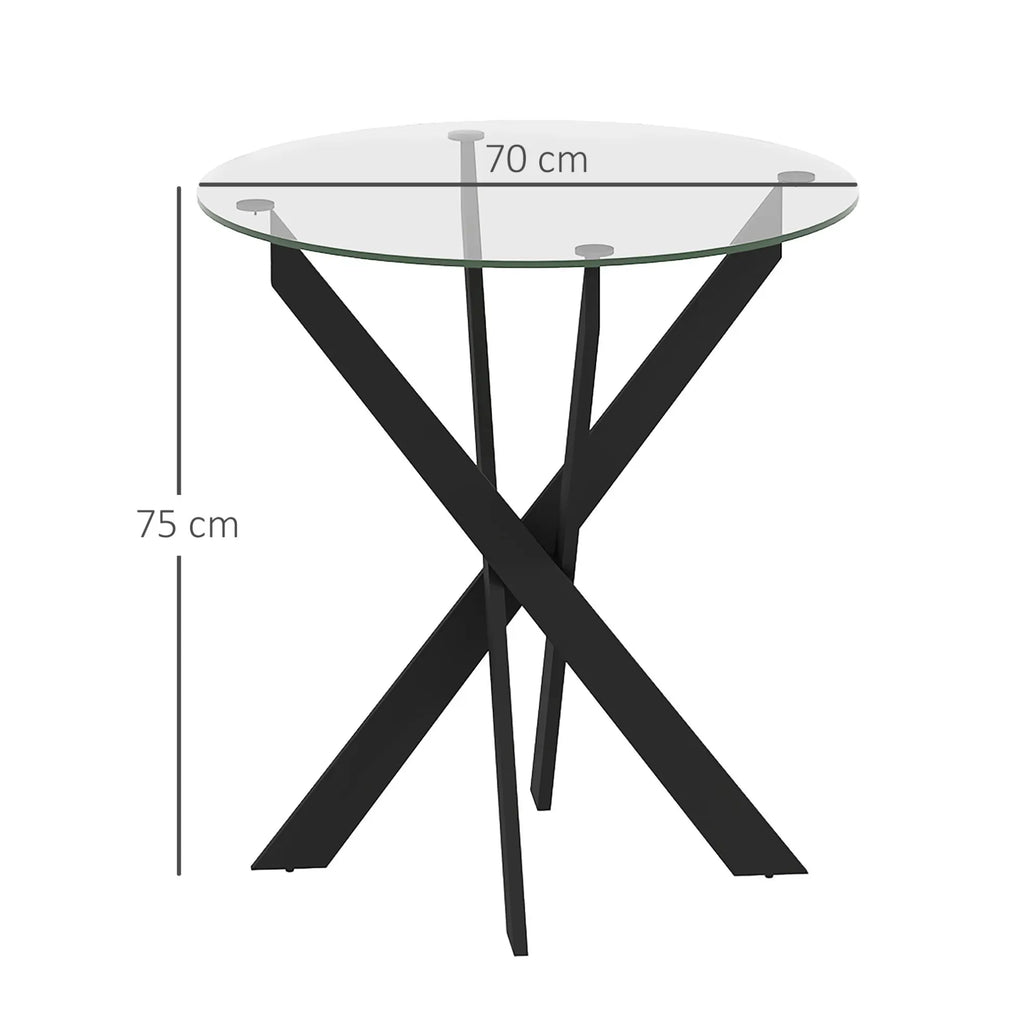 Table à manger ronde pour 4 personnes avec plateau en verre trempé de 8 mm et pieds en acier noir (Ø 70 x 75 cm)