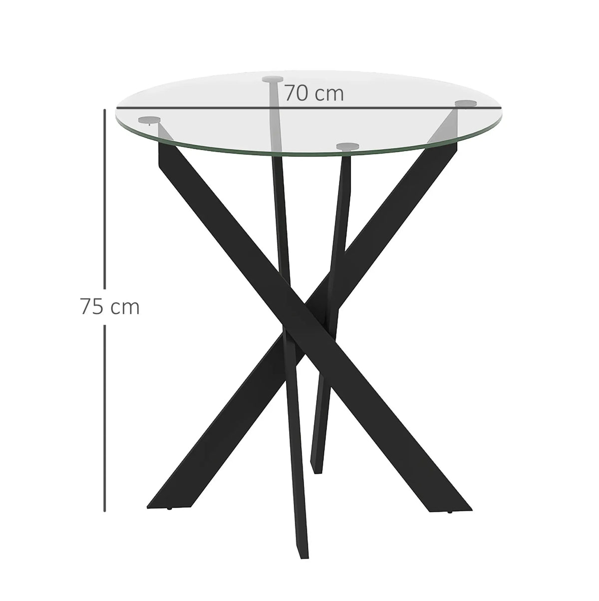 Table à manger ronde pour 4 personnes avec plateau en verre trempé de 8 mm et pieds en acier noir (Ø 70 x 75 cm)