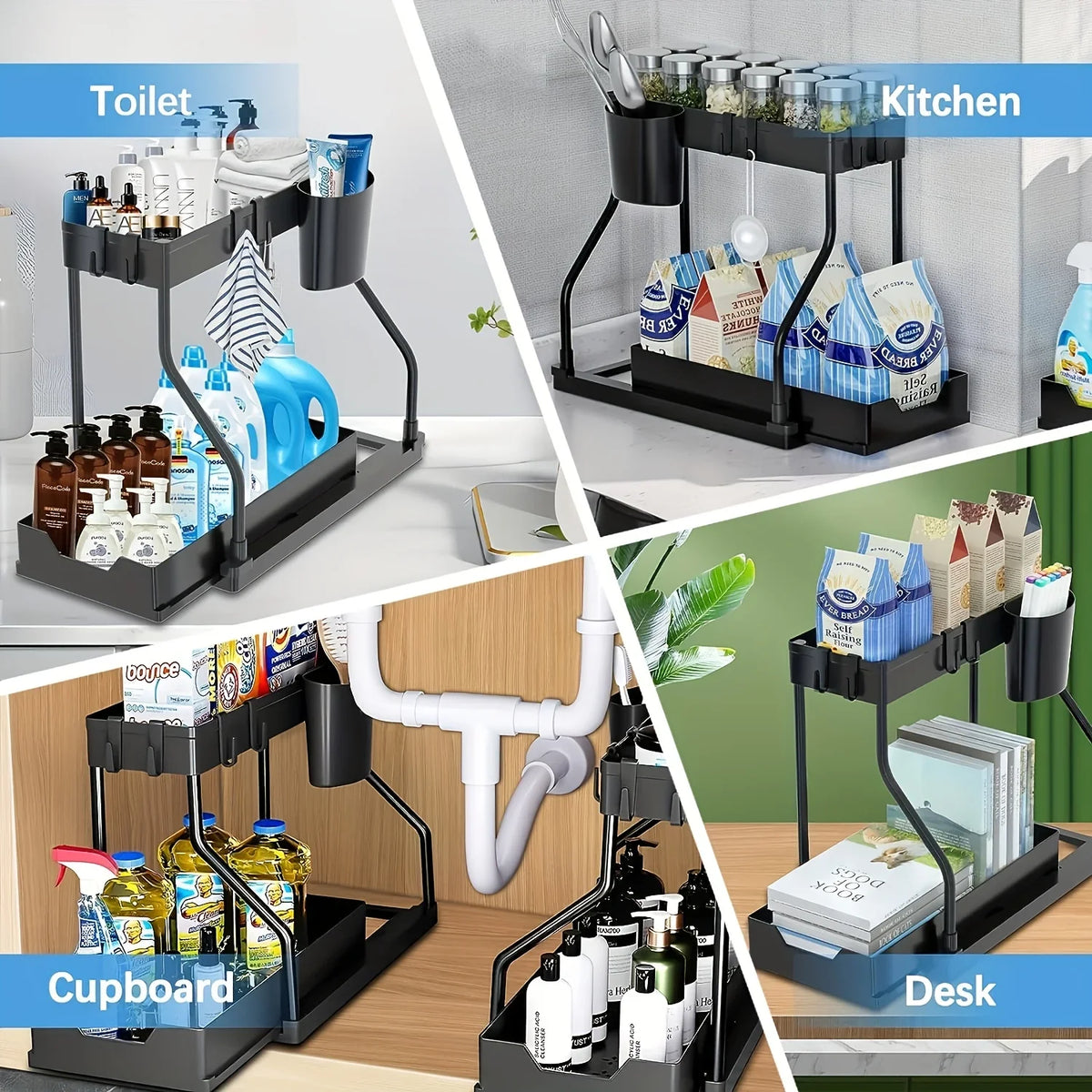 Rangement sous évier à 2 niveaux pour gain de place - Tiroir coulissant de grande capacité et durable pour la cuisine