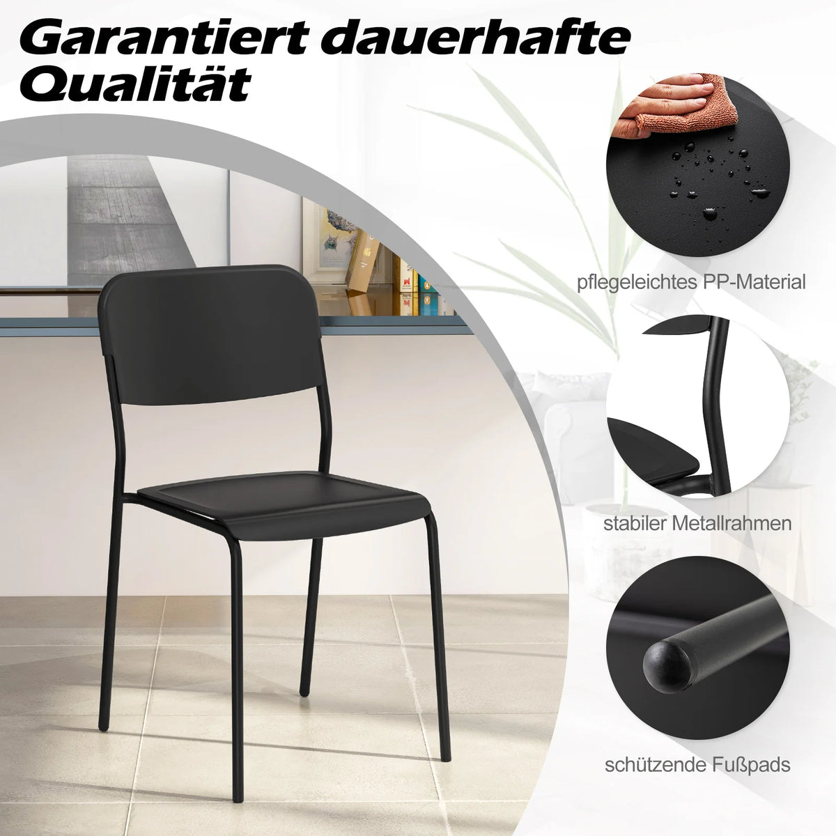 Set of 4 dining room chairs stackable kitchen chairs with backrest & metal legs, PP seat, chair without armrests