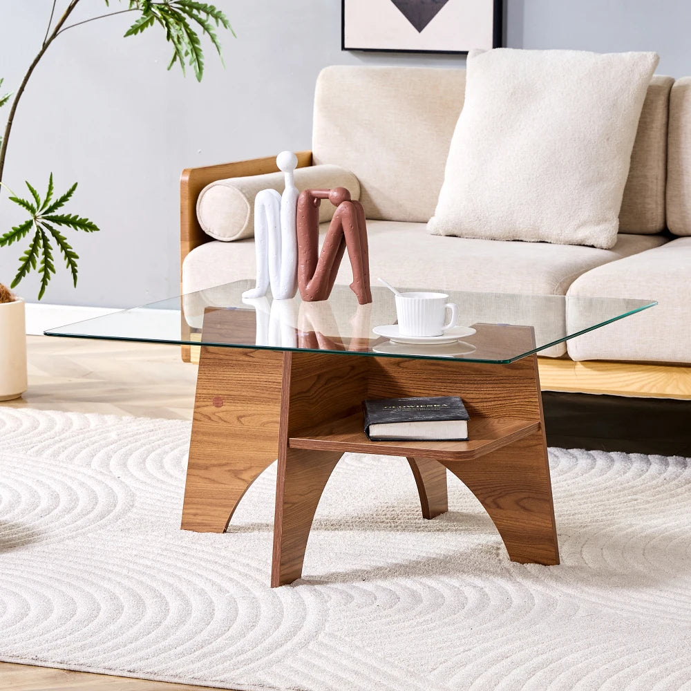 Table d'appoint / table basse carrée moderne en verre de sécurité (80 cm), pieds en MDF aspect bois de noyer, idéale pour le salon