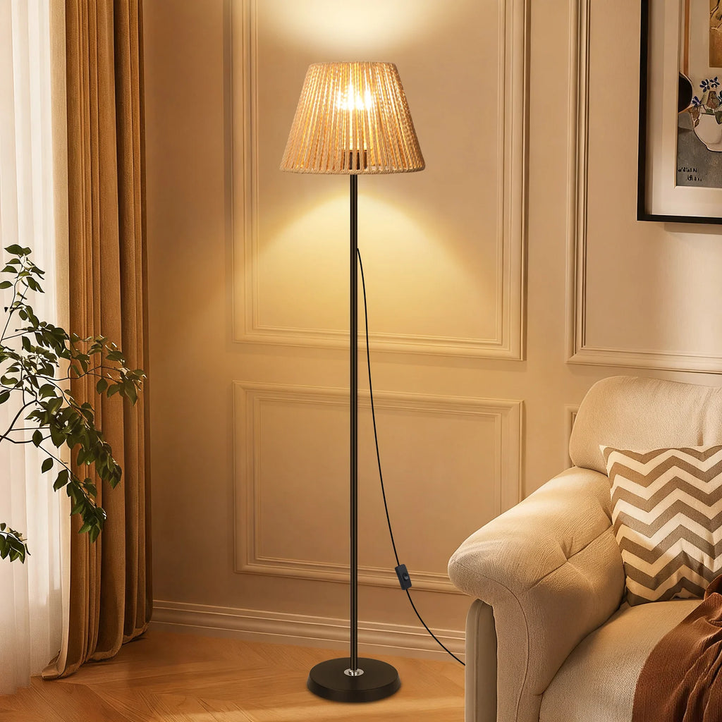 Lampadaire en rotin tressé de style bohème - Lampe sur pied E26/E27 avec abat-jour naturel, grand lampadaire moderne pour salon, chambre et coin lecture