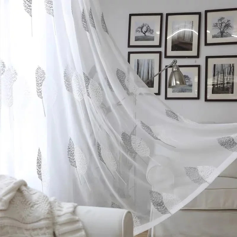 Rideau voile en tulle transparent blanc motif arbre (1 pièce) pour salon, balcon et chambre, voilage brodé moderne et translucide pour fenêtre