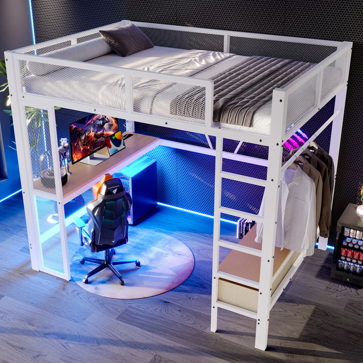 Lit mezzanine enfant et ado 140 x 200 cm en métal blanc - Lit combiné avec bureau, prise USB, LED intégrées, armoire ouverte et 3 tiroirs de rangement