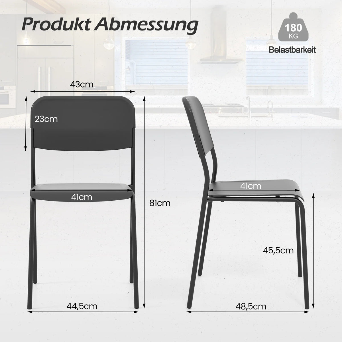 Set of 4 dining room chairs stackable kitchen chairs with backrest & metal legs, PP seat, chair without armrests