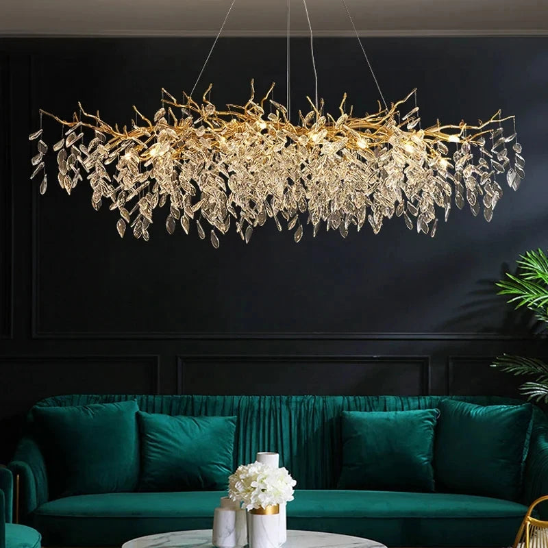 Lustre à LED de luxe en cristal doré - Luminaire suspendu de plafond pour salon, salle à manger, chambre et villa