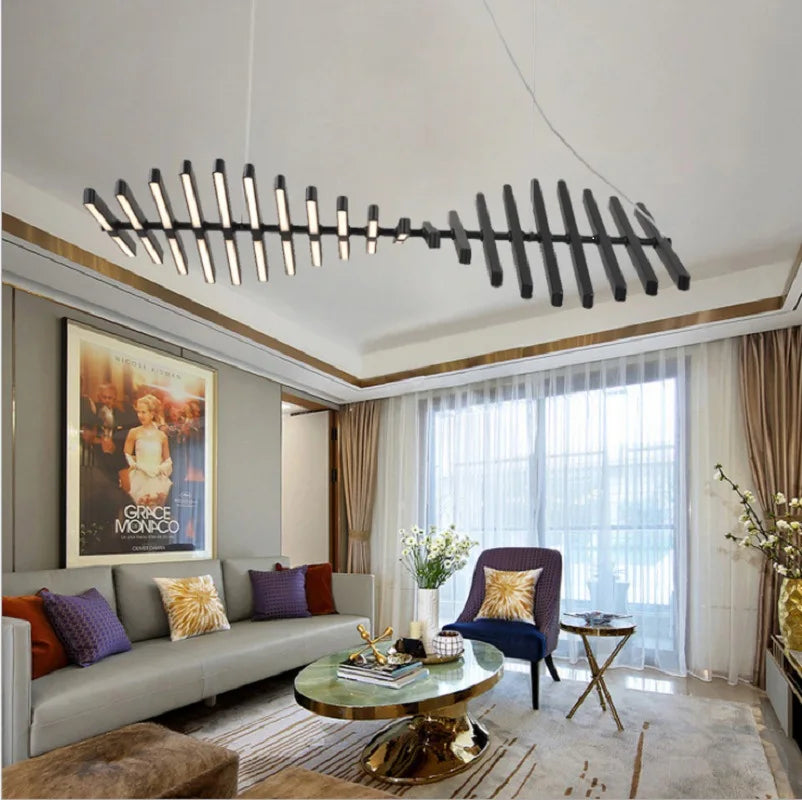 Lustre d'intérieur nordique moderne et minimaliste de designer – Éclairage suspendu pour salon, salle à manger, restaurant, forme d'arête de poisson, suspension linéaire pour bureau