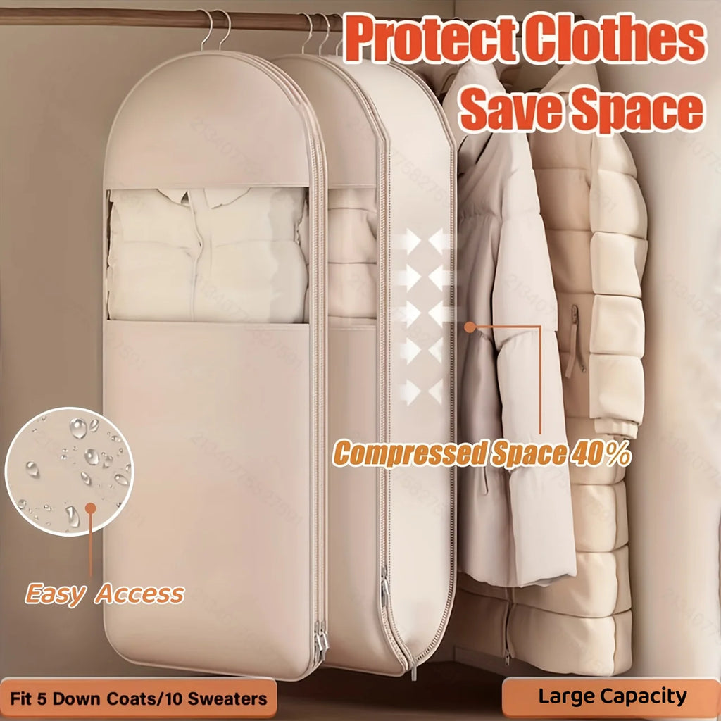 Sac de rangement suspendu à compression beige, sac sous vide offrant 40 % de gain de place, housse transparente avec fermeture éclair durable pour vêtements d'hiver