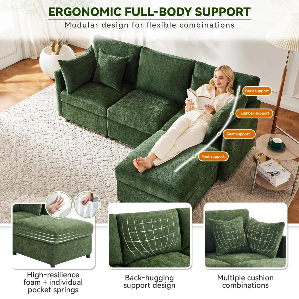 Canapé d'angle panoramique modulable et convertible moderne vert, canapé d'appoint grand confort avec pouf indépendant amovible et 4 coussins en tissu chenille doux pour salon d'appartement