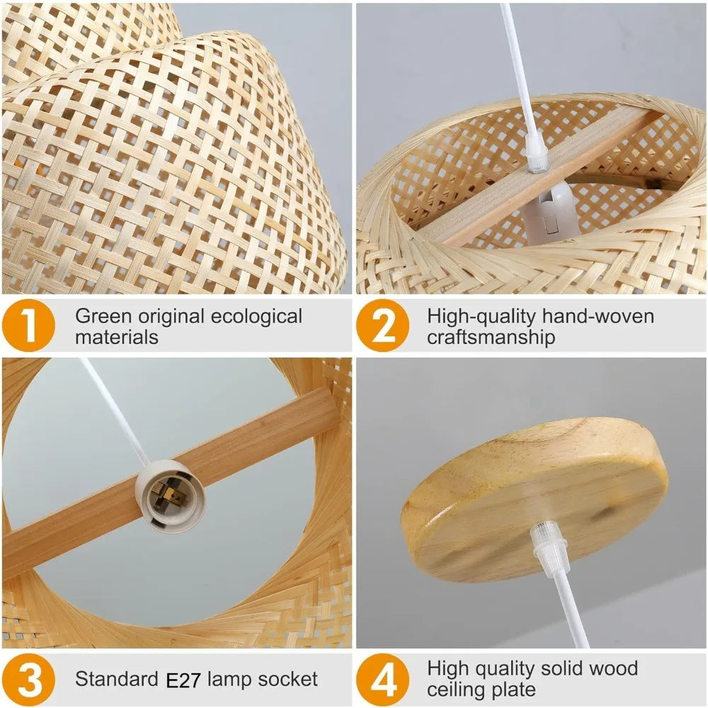 Suspension en bambou JOYINLED 30/40/50 cm - Lampe suspendue en rotin tressé à la main, lustre en osier style rustique pour salle à manger, salon et chambre
