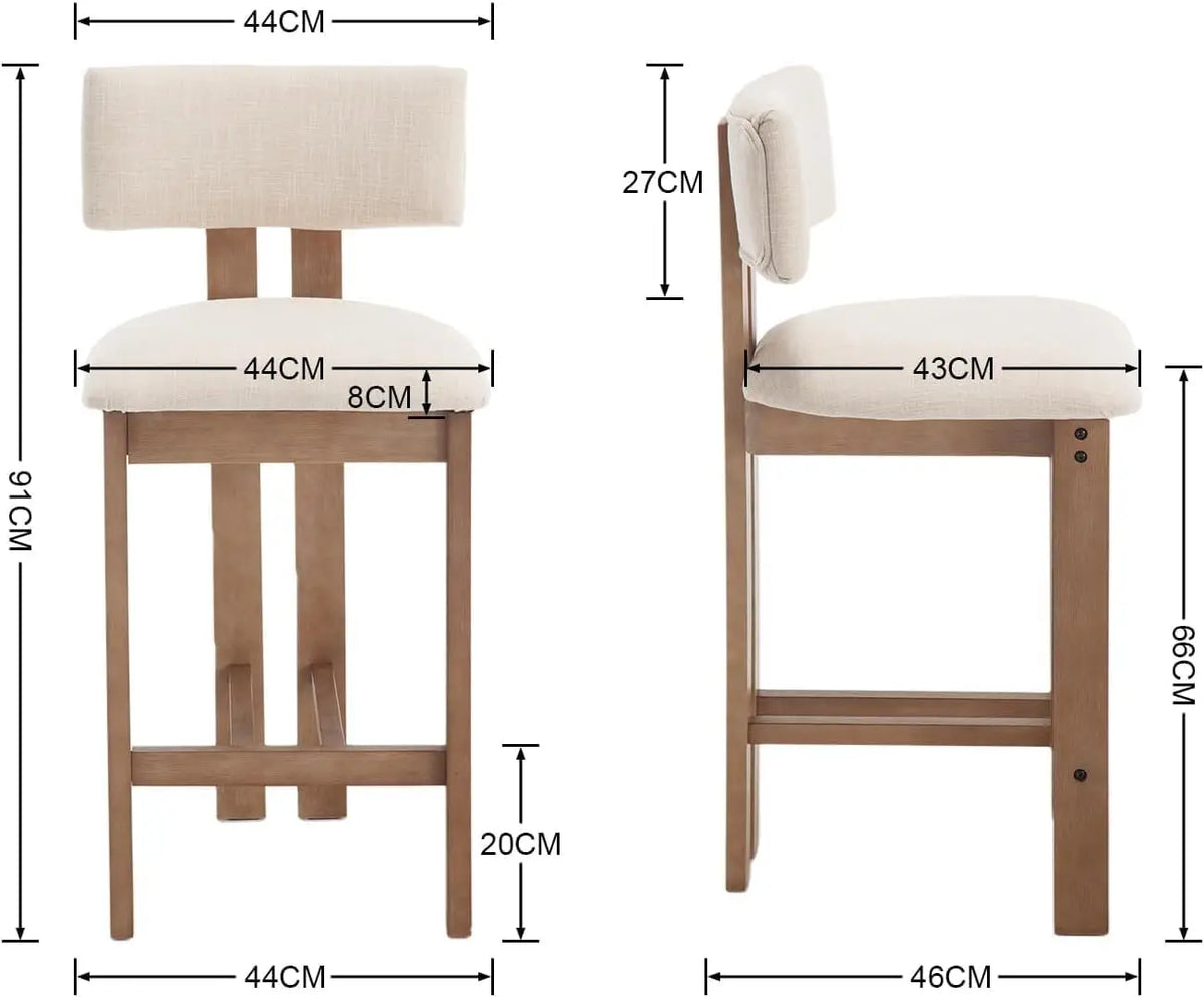 Lot de 2 tabourets de bar en lin avec pieds en bois beige – Style rétro Mid-Century – Assise rembourrée confortable et dossier incurvé sans accoudoirs – Tabourets de comptoir stables en bois pour îlot de cuisine
