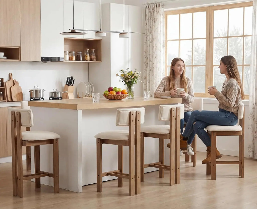 Lot de 2 tabourets de bar en lin avec pieds en bois beige – Style rétro Mid-Century – Assise rembourrée confortable et dossier incurvé sans accoudoirs – Tabourets de comptoir stables en bois pour îlot de cuisine