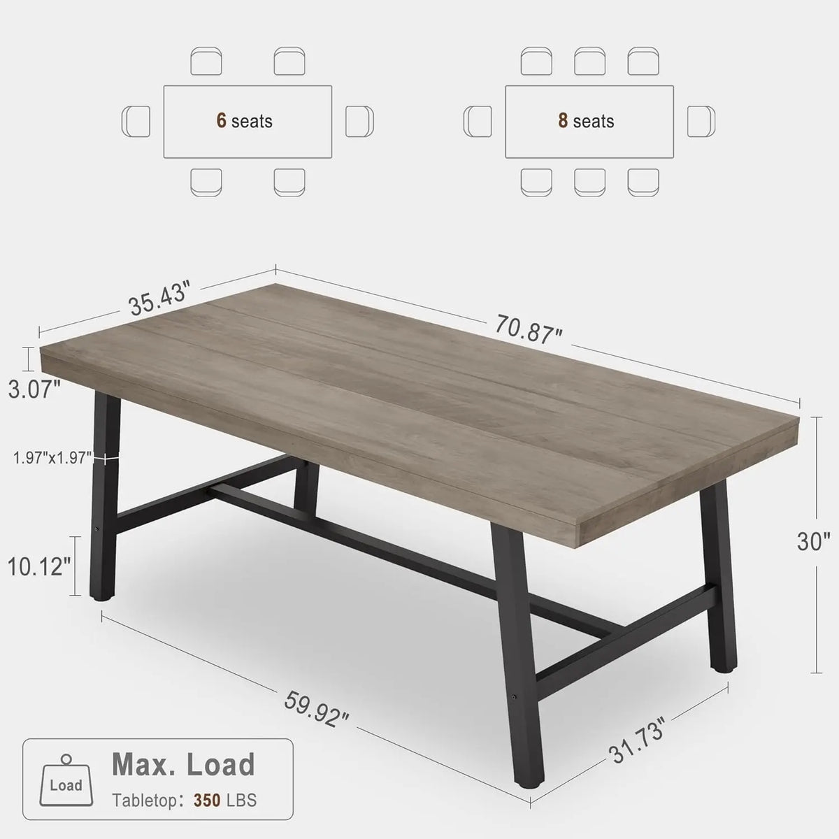 Table haute rectangulaire Garvee 180 cm pour 6 à 8 personnes : table de salle à manger et cuisine de style industriel rustique gris, grande plateforme universelle pour l'extérieur